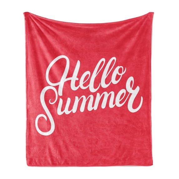 Hello Summer Soft Flannel Fleece Throw Blanket, Hand Written Looking Calligraphy Simplistic Summer Themed Layout, Cozy Plush for Indoor and Outdoor Use, 50" x 70", Dark Coral and White, by Ambesonne