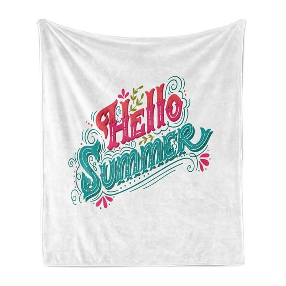 Hello Summer Soft Flannel Fleece Throw Blanket, Handwritten Vintage Calligraphy with Floral Details, Cozy Plush for Indoor and Outdoor Use, 60" x 80", Sea Green Magenta, by Ambesonne