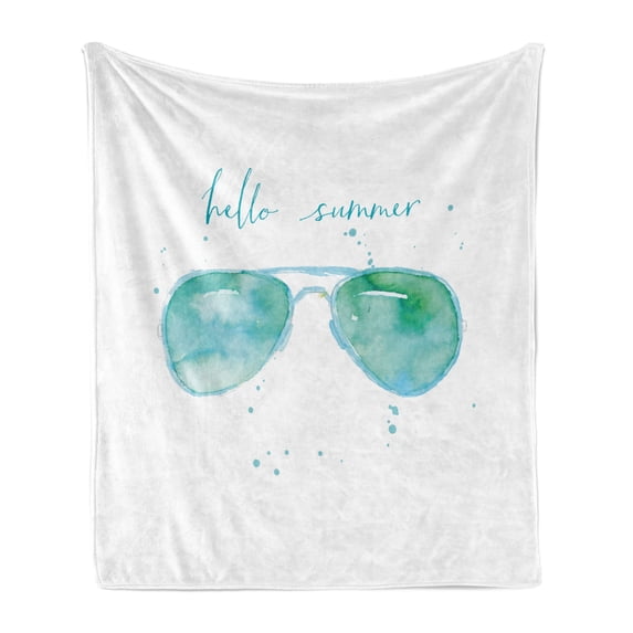 Hello Summer Soft Flannel Fleece Throw Blanket, Image of Watercolor Style Sunglasses and Phrase and Speckles, Cozy Plush for Indoor and Outdoor Use, 50" x 60", Sky Blue Green, by Ambesonne