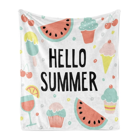 Hello Summer Soft Flannel Fleece Throw Blanket, Pastel Tone Lettering with Summer Tastes Watermelon Cherry and Ice Cream, Cozy Plush for Indoor and Outdoor Use, 70" x 90", Multicolor, by Ambesonne
