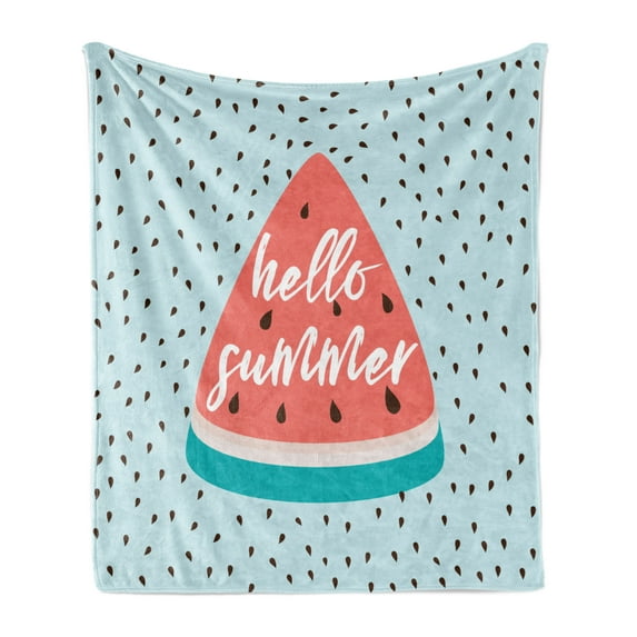 Hello Summer Soft Flannel Fleece Throw Blanket, Seasonal Fruit Watermelon Calligraphy on Triangular Slice and Print, Cozy Plush for Indoor and Outdoor Use, 70" x 90", Multicolor, by Ambesonne