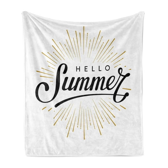 Hello Summer Soft Flannel Fleece Throw Blanket, Simplistic Hand Drawn Lettering Typography Holiday Party, Cozy Plush for Indoor and Outdoor Use, 50" x 70", Charcoal Grey White, by Ambesonne