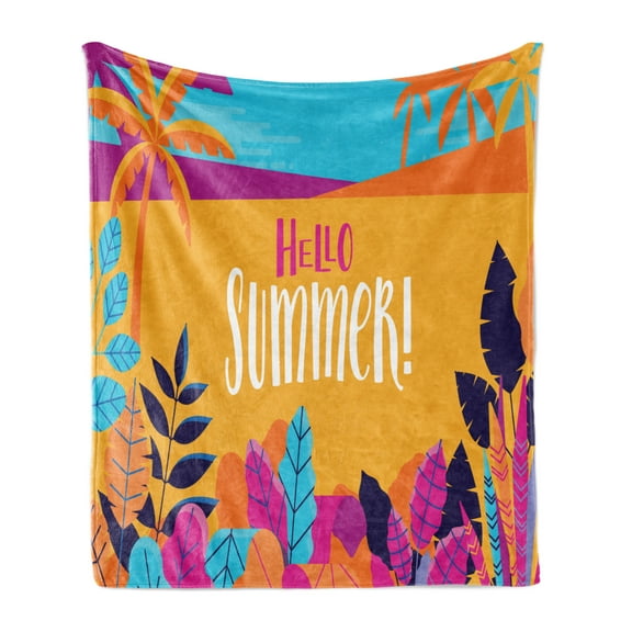 Hello Summer Soft Flannel Fleece Throw Blanket, Tropic Summer Beach Lettering Text Welcoming, Cozy Plush for Indoor and Outdoor Use, 50" x 70", Multicolor, by Ambesonne