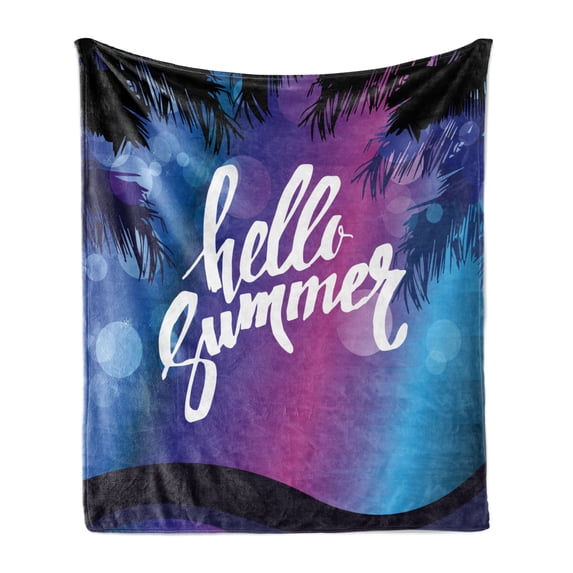 Hello Summer Soft Flannel Fleece Throw Blanket, Vivid Colors of the Night with Palm Tree Silhouettes and Ocean Waves Retro, Cozy Plush for Indoor and Outdoor Use, 70" x 90", Multicolor, by Ambesonne