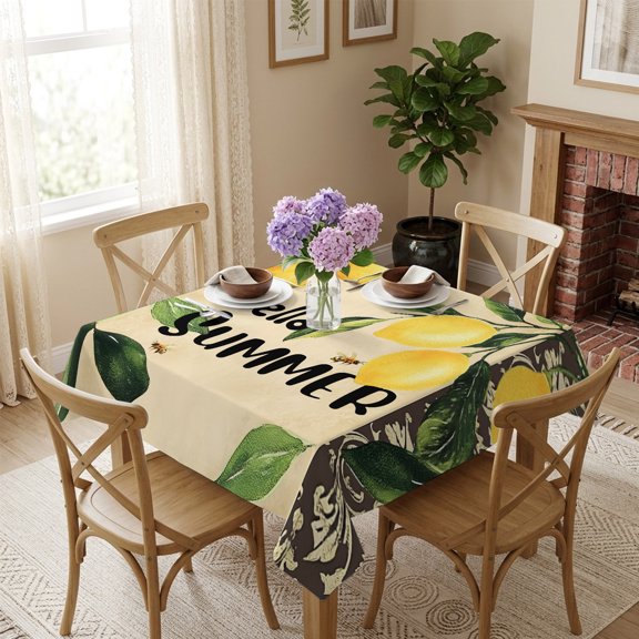 Hello Summer Square Tablecloth 54x54 Inch Lemon Bee Leaves Waterproof Polyester Table Cover, Washable Stain Resistant Tablecloth for Dining Table Kitchen Wedding