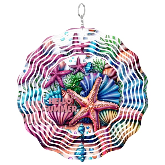 Hello Summer Starfish And Seashells 3D Wind Spinner, Beach Theme Hanging Ornament, Coastal Garden Decor, Ocean Gift
