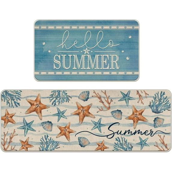 Hello Summer Starfish Shell Coral Kitchen Rugs Set of 2, Beach Coastal Blue Wave Stripes Kitchen Mats Decor, Nautical Seasonal Floor Door Mat Home Decorations -17x29 and 17x47 Inch