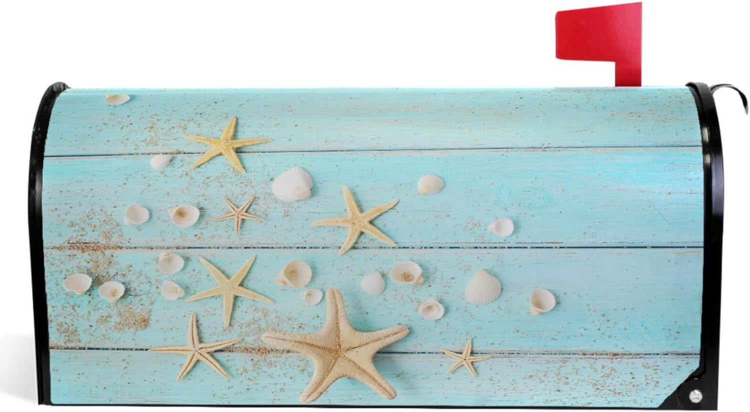 Hello Summer Starfishs Mailbox Cover Blue Wooden Shells Mailbox Covers Magnetic Large Size 25.5" X 21" Mailbox Wraps Post Letter Box Cover Garden Decorations