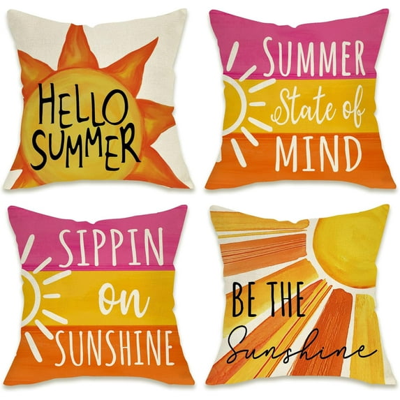 Hello Summer Sun Decorative Throw Pillow Covers 16 x 16 Set of 4, Be The Sunshine Stripes Porch Outdoor Pillowcase, Summer State of Mind Sippin on Sunshine Seasonal Cushion Case Home Decor