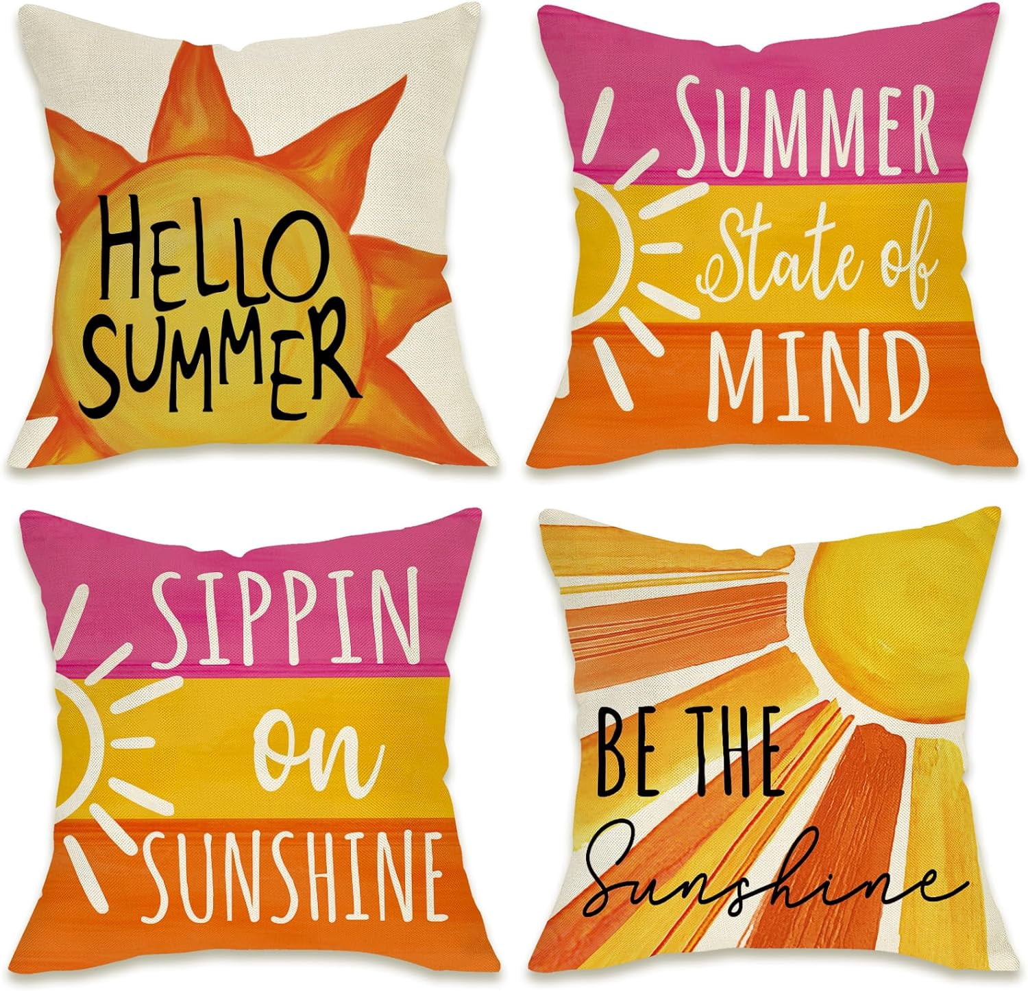 Hello Summer Sun Decorative Throw Pillow Covers 20 x 20 Set of 4, Be The Sunshine Stripes Porch Outdoor Pillowcase, Summer State of Mind Sippin on Sunshine Seasonal Cushion Case Home Decor
