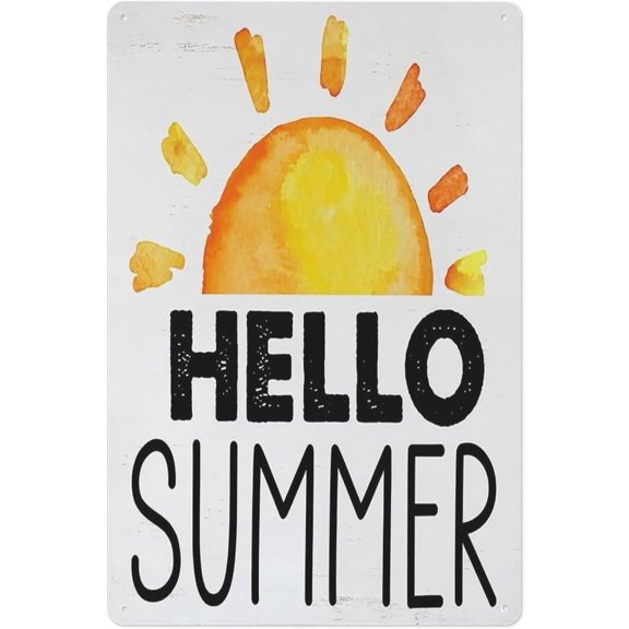 Hello Summer Sun Metal Tin Sign, 8 x 12 Inch Wall Decor Plaque for Home or Office
