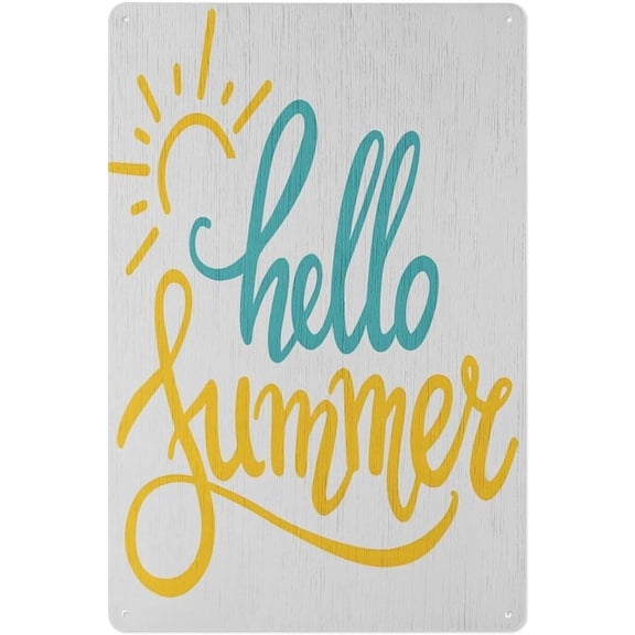 Hello Summer Sun Metal Tin Sign, 8x12 Inch Wall Decor Plaque for Home Kitchen Bedroom Living Room