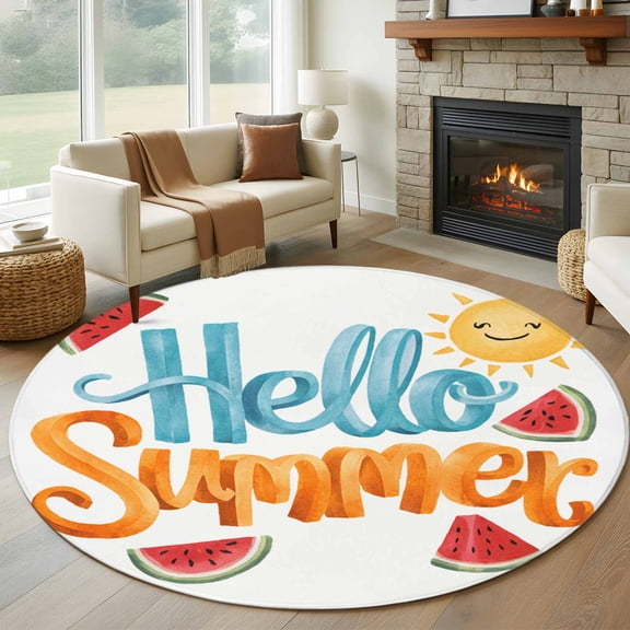 Hello Summer Sun Watermelon Round Rug 5ft Cartoon Style Washable Area Rugs for Living Room Bedroom Entryway Non Slip Entrance Door Mat Indoor Floor Carpet