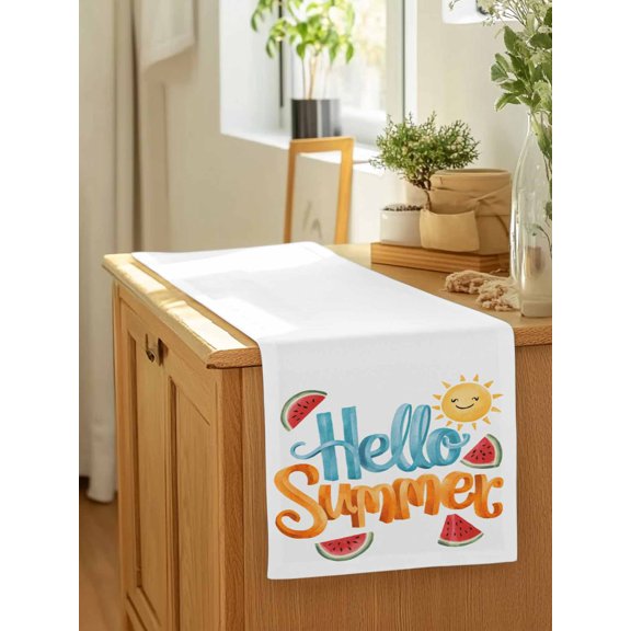 Hello Summer Sun Watermelon Table Runner 13x90in Non-Slip Cotton Linen Table Runners, Cartoon Style Dresser Scarves TableRunner for Dinner Kitchen Dining Wedding Party