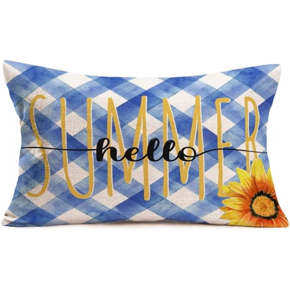Hello Summer Sunflower Pillow Covers 12x20 Inch Farmhouse Blue Buffalo Plaid Stripes Lumbar Pillow Cases Cotton Linen Yellow Floral Cushion Cover for Sofa Couch Home Decor
