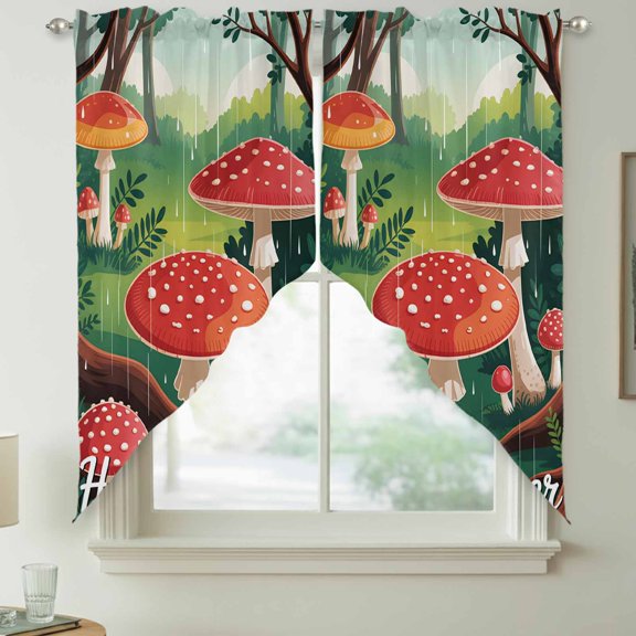 Hello Summer Swag Kitchen Curtain Valances, Pastoral Cartoon Red Mushroom Rain Forest Rod Pocket Curtains Window Treatment Decor Valances for Bedroom Bathroom, 2 Panels 36 x 63 Inch
