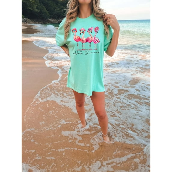 Hello Summer T-shirt, Cute Flamingo T-shirt, Summer Beach Graphic T-shirt, Funny Vacation T-shirt, Tropical Animal T-shirt.