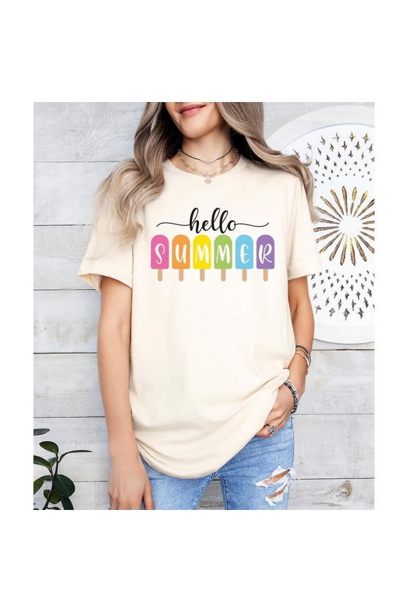 Hello Summer T-shirt, Popsicle Written Summer Welcome Outfit, Colorful Holiday T-shirt, Family Vacation Apparel, Gift For Traveler.
