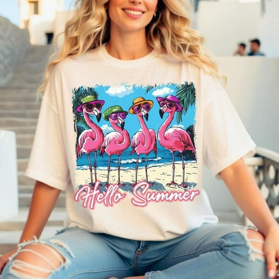 Hello Summer T-shirt, Summer Flamingo T-shirt, Summer Girl T-shirt, Beach T-shirt, Summer Vacation T-shirt, Retro Flamingo T-shirt.