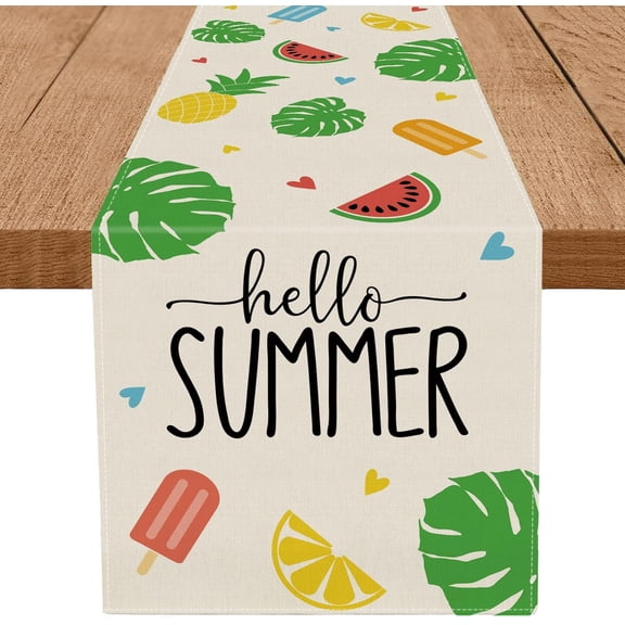 Hello Summer Table Runner Popsicle Fruits Leaves Love Heart Table Runners Seasonal Kitchen Dining Table Decoration for Home Party Banquet Decor 13x120 Inch
