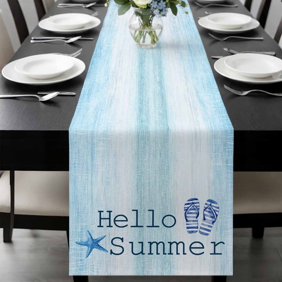 Hello Summer Table Runner, Slippers Starfish Washable Cotton-linen Table Runners Dining Kitchen Decoration for Everyday Home Wedding Party Decor, 13 x 36 Inch