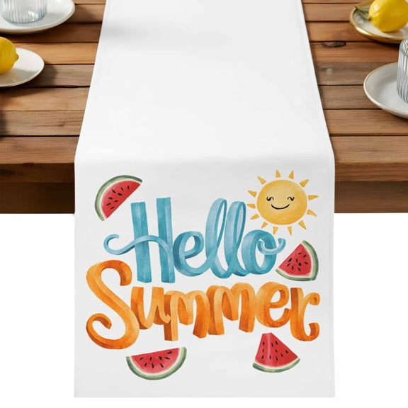 Hello Summer Table Runner, Sun Watermelon Cotton Linen Table Cloth, Tablerunner for Kitchen Dining Party Wedding Home Decor 13x36 Inch