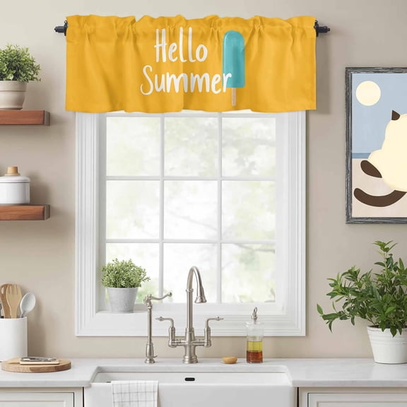Hello Summer Text Ice Cream on Orange Valances for Windows,Kitchen Valance Rod Pocket Short Curtain, Seasonal Holiday Theme Valance Curtain Window Valances for Bedroom Bathroom Living Room 54x18in