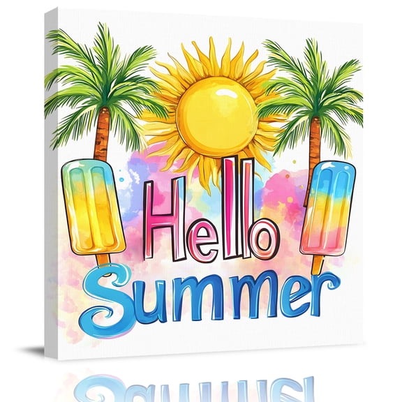 Hello Summer Text Sun Palm Tree Canvas Artwork Painting Art, Colorful Ocean Seaside Theme Square Framed Wall Decorations Prints Picture for Bedroom Kitchen Living Room, 8x8 in