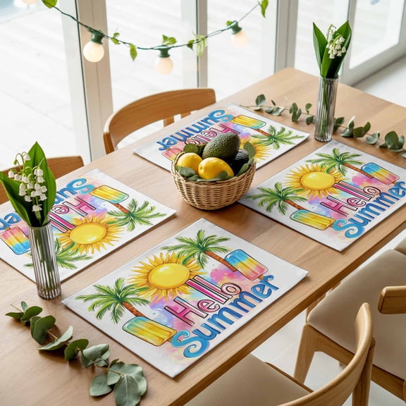 Hello Summer Text Sun Palm Tree Placemats Set of 4,Wipeable Washable Table Mats for Dining Tables, Colorful Ocean Seaside Theme Place Mats for Kitchen Event Party Tabletop Decor