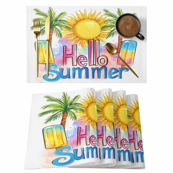 Hello Summer Text Sun Palm Tree Placemats Set of 6,Wipeable Washable Table Mats for Dining Tables, Colorful Ocean Seaside Theme Place Mats for Kitchen Event Party Tabletop Decor