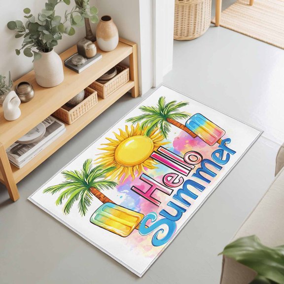 Hello Summer Text Sun Palm Tree Rectangle Rug 2'x3' Colorful Ocean Seaside Theme Washable Area Rugs for Living Room Bedroom Entryway Non Slip Entrance Door Mat Indoor Floor Carpet