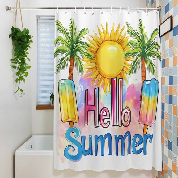 Hello Summer Text Sun Palm Tree Shower Curtain for Bathroom, Colorful Ocean Seaside Theme Waterproof Shower Curtains Washable Quick Dry with Hooks Bathtub Curtains 36x72IN