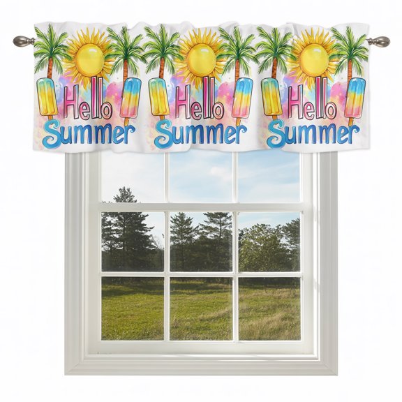 Hello Summer Text Sun Palm Tree Valances for Windows Colorful Ocean Seaside Theme Rod Pocket Curtain Valance Window Treatment Short Curtains for Kitchen Living Room,42x12in