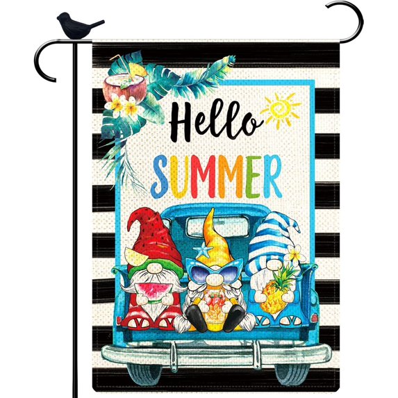 Hello Summer Three Gnomes in Truck Seasonal Small Garden Flag with Daisy Lemon and Watermelon for Summer Holiday Welcome Garden Flag for Home Outdoor Lawn 12.5×18 Inch