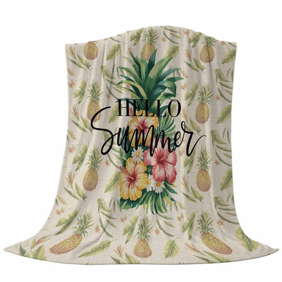 Hello Summer Throw Flannel Blanket Pineapple Red Flower Tropical Fruit Vintage Linen Abstract Super Soft Cozy Bed Blanket, Lightweight Plush Fuzzy Bed Throw for Bedroom Sofa Couch 40x60In,