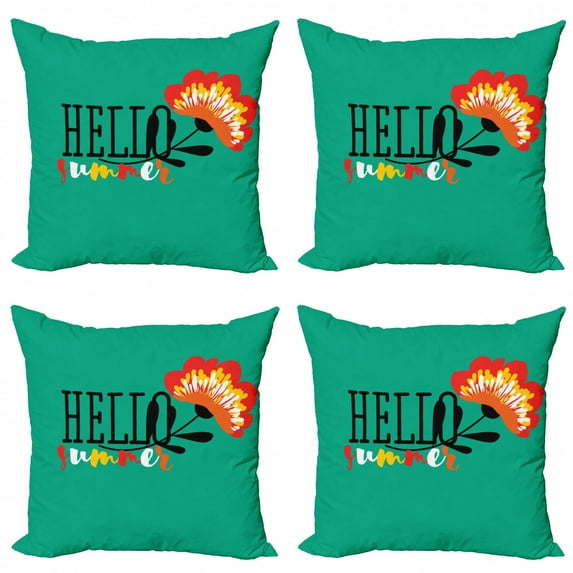 Hello Summer Throw Pillow Cushion Case Pack of 4, Lettering with Colorful Blooming Flowers, Modern Accent Double-Sided Print, 4 Sizes, Sea Green Black, by Ambesonne