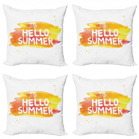 Hello Summer Throw Pillow Cushion Case Pack of 4, Wording with Sun Pattern on Paintbrush Strokes, Modern Accent Double-Sided Print, 4 Sizes, Orange Yellow, by Ambesonne