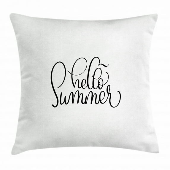Hello Summer Throw Pillow Cushion Cover, Calligraphy Handwritten Lettering Illustration in Black Vintage Swirly Style, Decorative Square Accent Pillow Case, 24 X 24 Inches, Black White, by Ambesonne