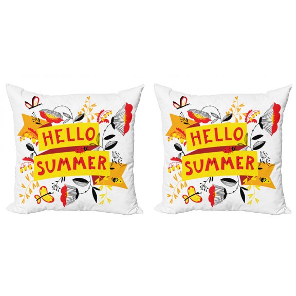 Hello Summer Throw Pillow Cushion Cover Pack of 2, Lettering with Flowers Leaves Butterfly Ladybug, Zippered Double-Side Digital Print, 4 Sizes, Scarlet Pale Orange, by Ambesonne