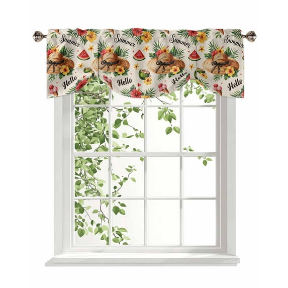 Hello Summer Tie Up Valances Curtain, Adjustable Kitchen Tropical Plants Straw Hat Linen Texture Valances for Windows Decor, Rod Pocket Short Curtains Set for Bedroom/Bathroom, 60"x18"