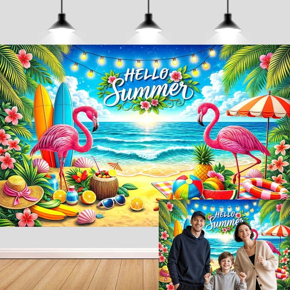 Hello Summer Tropical Beach Backdrop , Flamingo Hawaiian Party Decoration Backdrop, Summer Beach Party Background for Birthday Wedding Photoshoot, Palm Leaves & Ocean Scene Photo Booth Prop 5x3ft