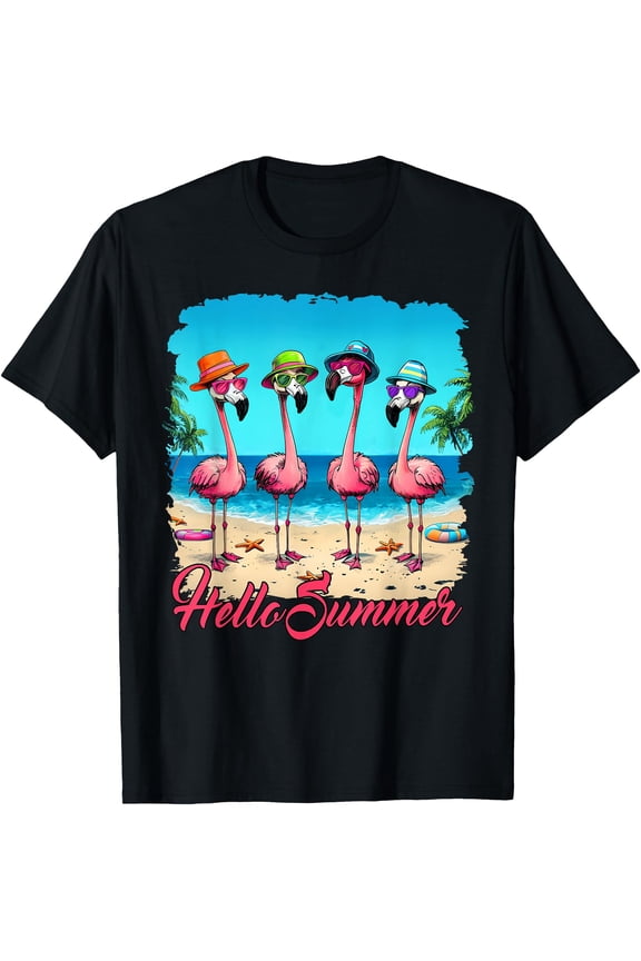 Hello Summer Tropical Bird Pink Flamingo Flower Summer Vibes T-Shirt, Unisex T-Shirt