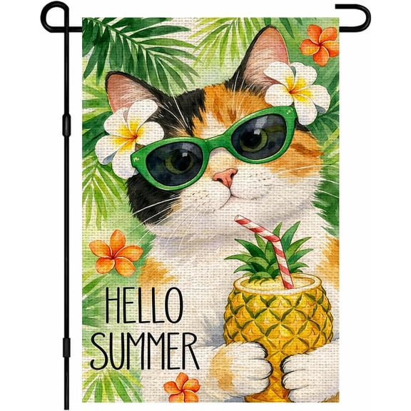 Hello Summer Tropical Cat Garden Flag, Double-Sided Linen Yard Flag, Pineapple Drink and Sunglasses Design, 12 x 18 Inch, Outdoor Seasonal Home Decor