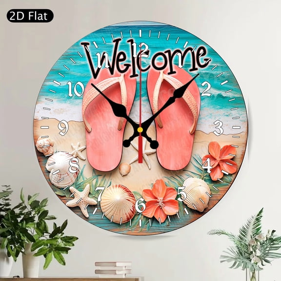 Hello Summer Tropical Lighthouse Beach Scene Round Wall Clock Silent Non Ticking Home Decor