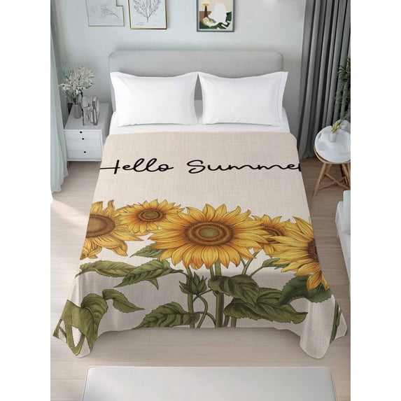 Hello Summer Twim XL Size Flat Sheet, Wrinkleproof & Fadeproof Cooling Flat Bed Sheet Only, Vintage Spring Floral Sunflowers Breathable Soft Bedding Top Sheets 66 x 102 Inches
