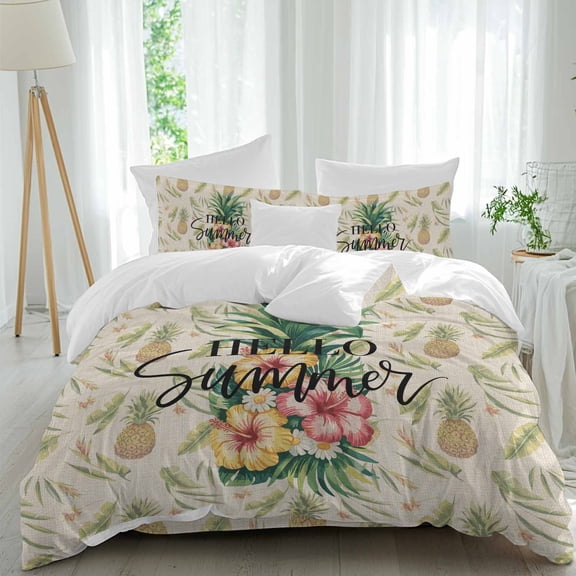 Hello Summer Twin Size Comforter Set, Pineapple Red Flower Tropical Fruit Vintage Linen Bedding for All Seasons, 4 Pcs Bed Set, 1 Quiltcover (68"x86") ,1Sheet(67"x116"), 2Pillowcases (30"x20")