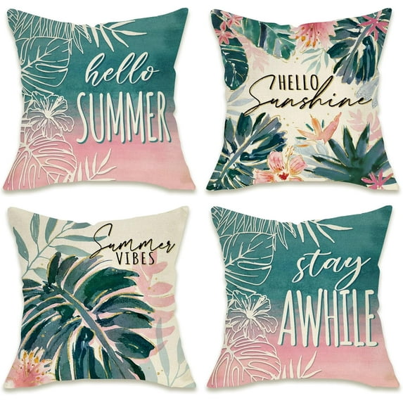 Hello Summer Vibes Palm Leaves Decorative Throw Pillow Covers 18x18 Set of 4, Sunshine Tropical Plant Monstera Porch Outdoor Pillowcase, Green Pink Stay Awhile Hawaii Cushion Case Home Decor