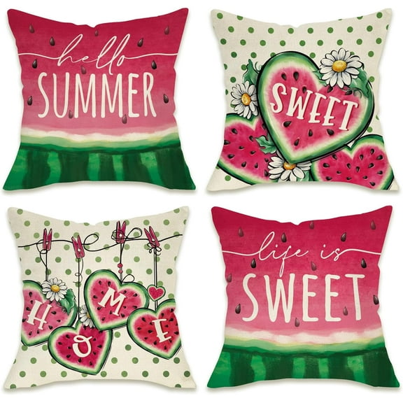 Hello Summer Watermelon Decorative Throw Pillow Covers 18 x 18 Set of 4, Life is Sweet Love Heart Melon Porch Outdoor Pillowcase, Pink Green Polka Dot Daisy Flower Cushion Case Home Decor