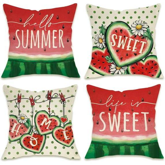 Hello Summer Watermelon Decorative Throw Pillow Covers 18 x 18 Set of 4, Life is Sweet Love Heart Melon Porch Outdoor Pillowcase, Red Green Polka Dot Daisy Flower Cushion Case Home Decor