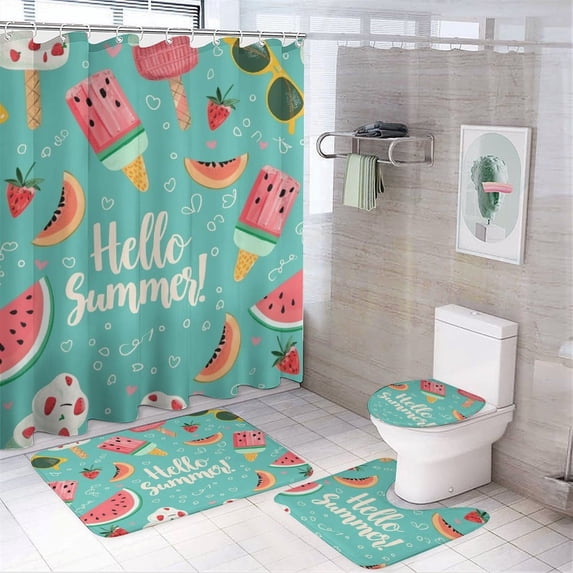 Hello Summer with Watermelon And Ice Cream 4 Piece Decor Shower Curtains Sets Bathroom Sets with Shower Curtain And Rugs 4 Piece Watermelon Pineapple Summer Waterproof Durable Bathroom Decor Shower